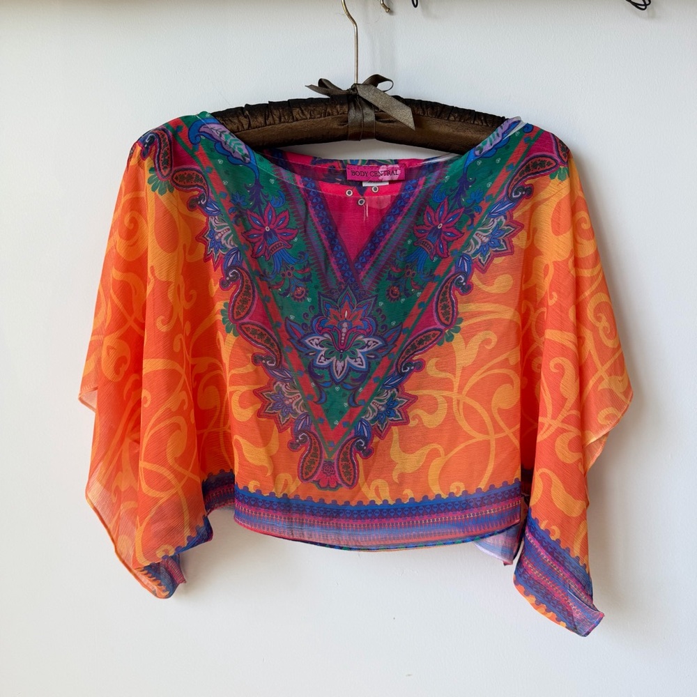 Vintage 90s Body Central Multicolored Vibrant Orange and Purple Poncho Blouse